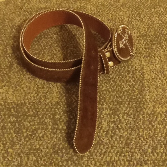 Brown leather and suede like women's cross studded rhinestone belt size … - Picture 3 of 6